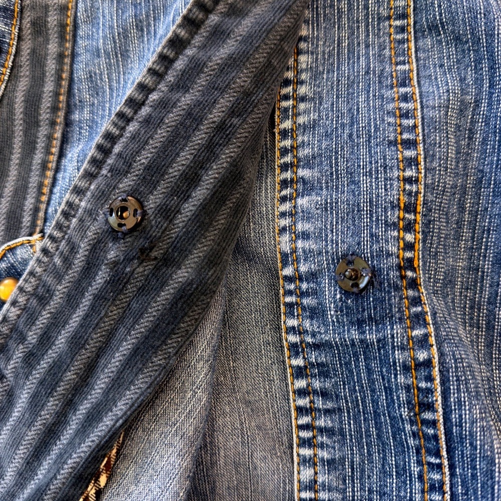 Shufa Blue Denim Striped Corduroy Studded Hooded Short Sleeve Jacket Size 42 - Picture 12 of 16